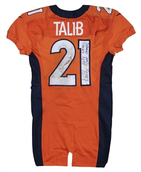 2016 Aqib Talib Game Used and Signed Denver Broncos #21 Alternate Jersey with "No Fly Zone, S.B. 50 Champs" Inscription - All Pro/Pro Bowl Season and Super Bowl Champion! (MEARS A10 & Beckett)